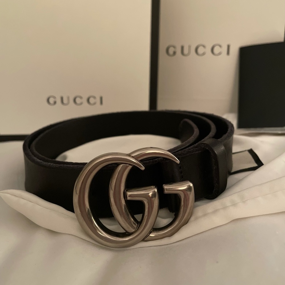 Gucci Double G Belt in silver and black leather